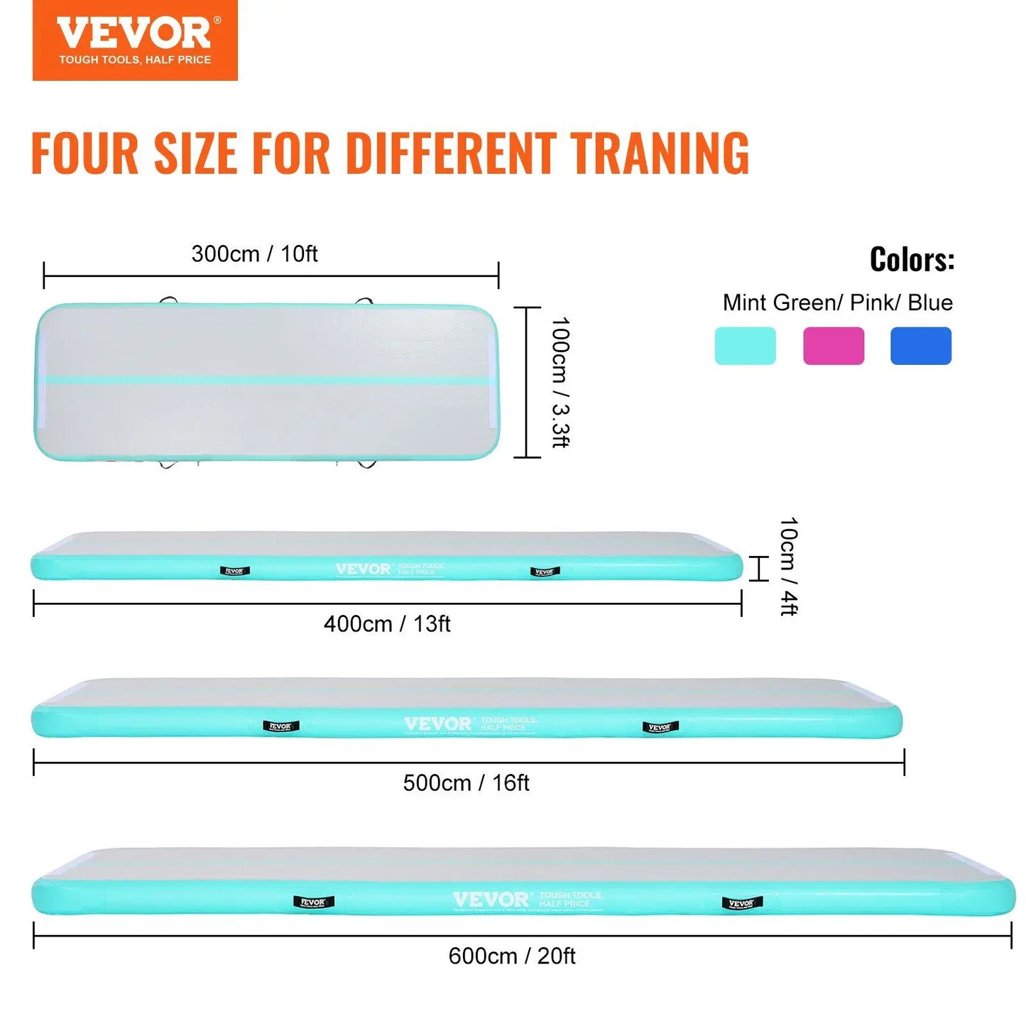 "13ft Inflatable Gymnastics Mat – 4" Thick, Includes Electric Pump for Gym/Yoga (Mint Green)."
