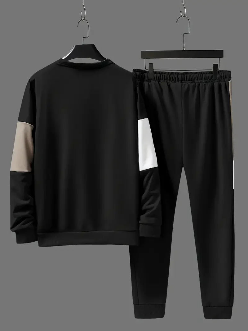 Men's color blocked 2-piece set, casual round neck long sleeved sweatshirt and sweatpants jogging pants set for winter and autum