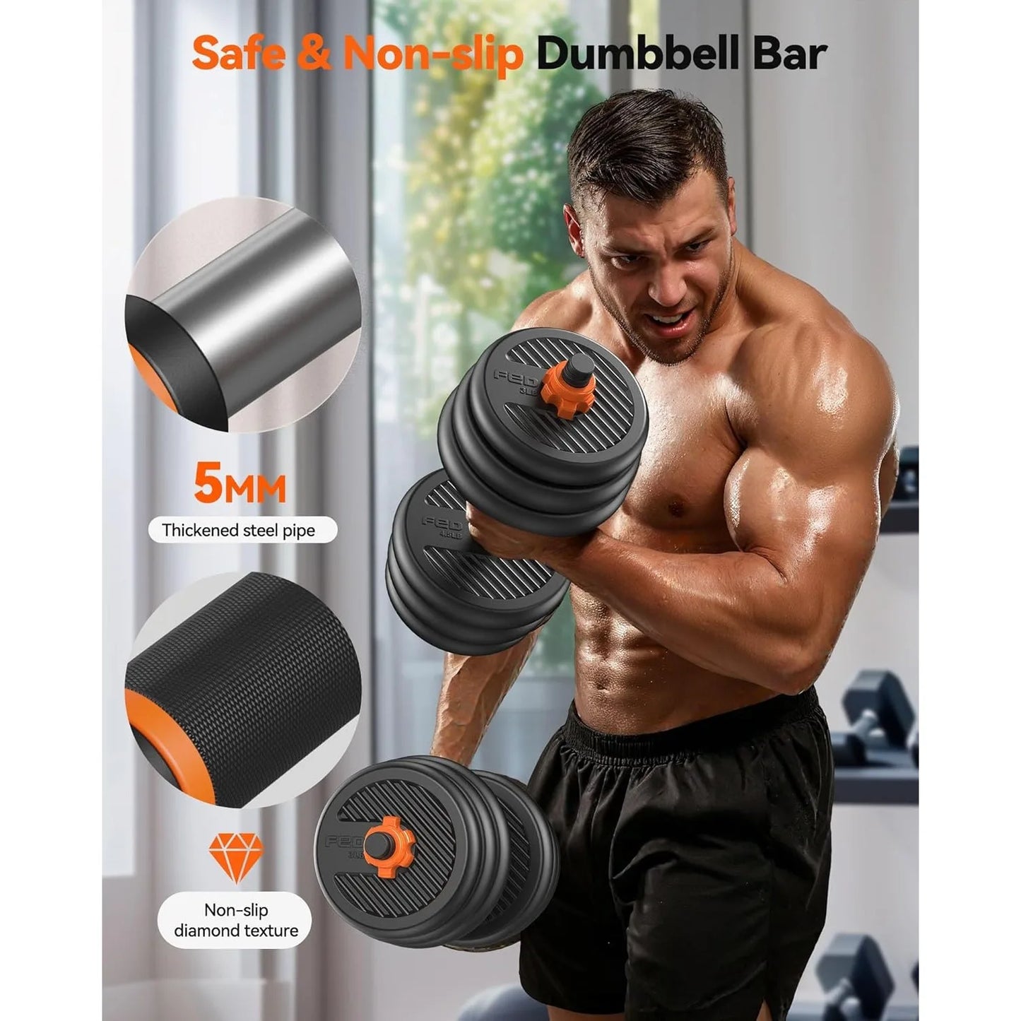 FEIERDUN Adjustable Dumbbells,45lbs Free Weight Set with Connector,5 in1 Dumbbells Set as Barbell,Kettlebell,Push up Stand