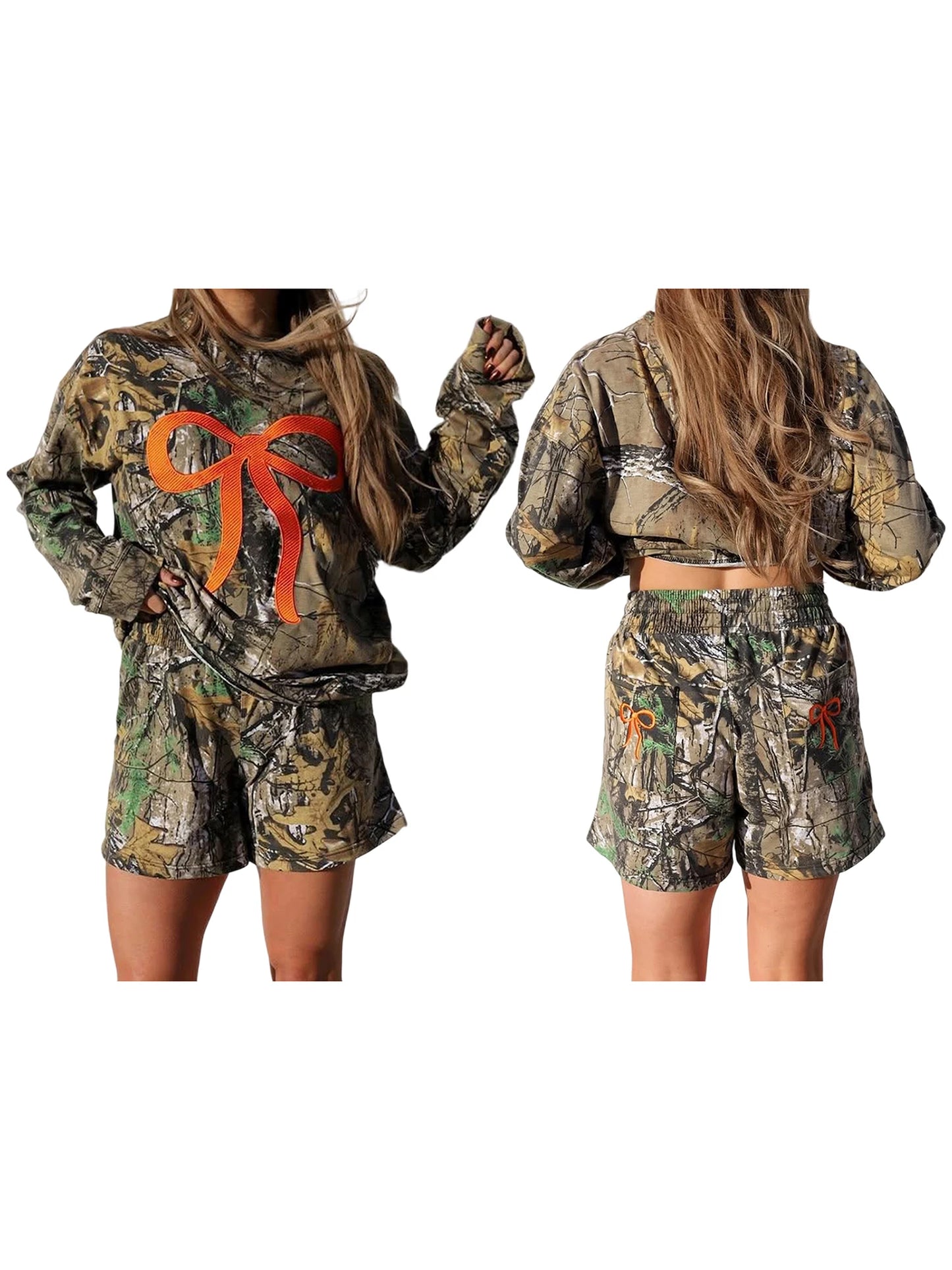 Women s Activewear Set with Bow Embroidery Detail Camouflage Print Long Sleeve Sweatshirt and Elastic Shorts for Stylish