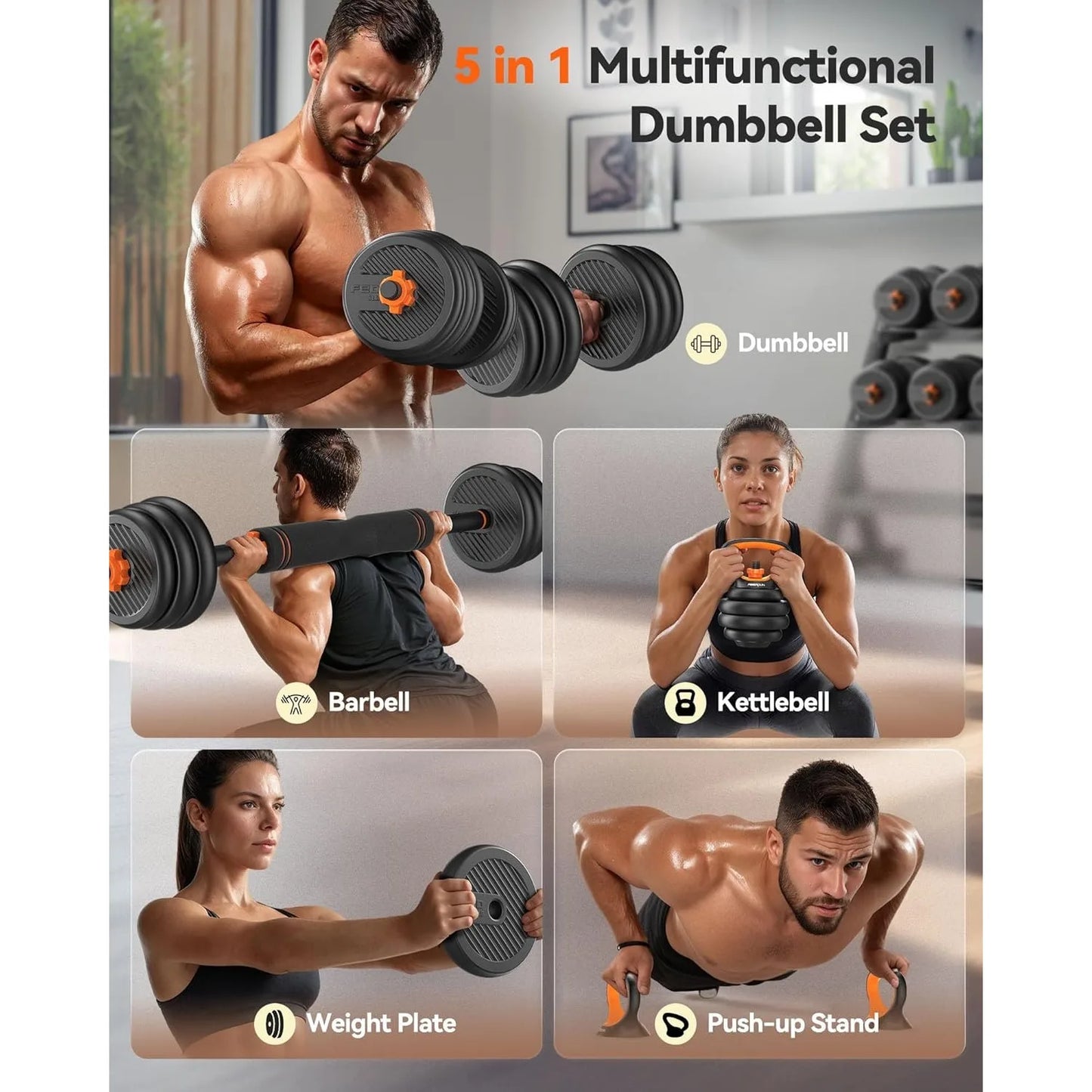 FEIERDUN Adjustable Dumbbells,45lbs Free Weight Set with Connector,5 in1 Dumbbells Set as Barbell,Kettlebell,Push up Stand