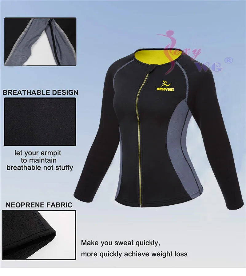 SEXYWG Slimming Body Shaper Fitness Women Neoprene Sauna Jacket Waist Trainer Shapewear Zipper Yoga Shirt Long Sleeve Blouse