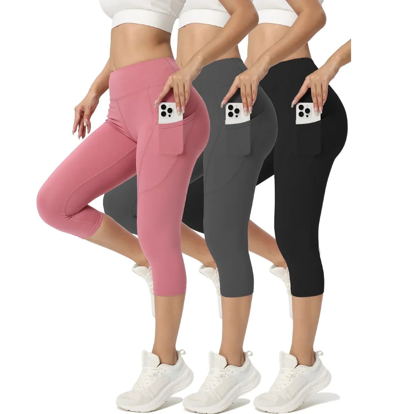 3pcs Women'S Long Sports Leggings, High-Waist Sports Trousers With Mobile Phone Pocket, Yoga Trousers, Tights Opaque For Sports