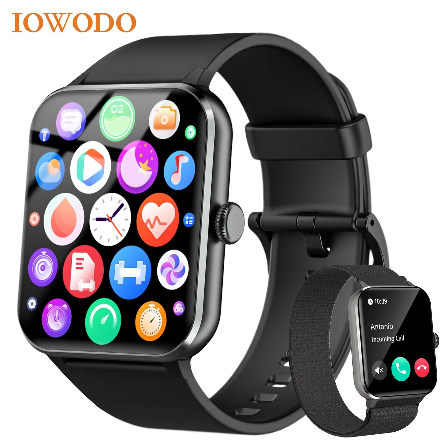 IOWODO Smart Watch 1.85” Full Touch HD Smartwatch Bluetooth Calling 100+ Sport Fitness Tracking Watch with Voice Assistant