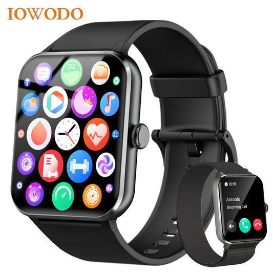 IOWODO Smart Watch 1.85” Full Touch HD Smartwatch Bluetooth Calling 100+ Sport Fitness Tracking Watch with Voice Assistant