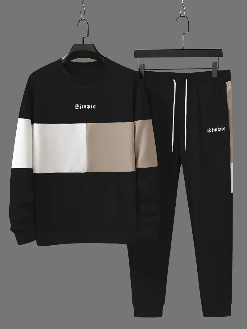Men's color blocked 2-piece set, casual round neck long sleeved sweatshirt and sweatpants jogging pants set for winter and autum