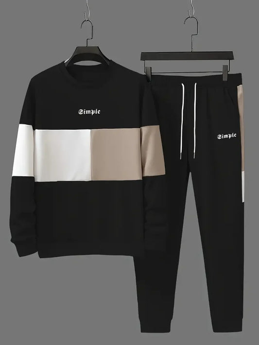 Men's color blocked 2-piece set, casual round neck long sleeved sweatshirt and sweatpants jogging pants set for winter and autum