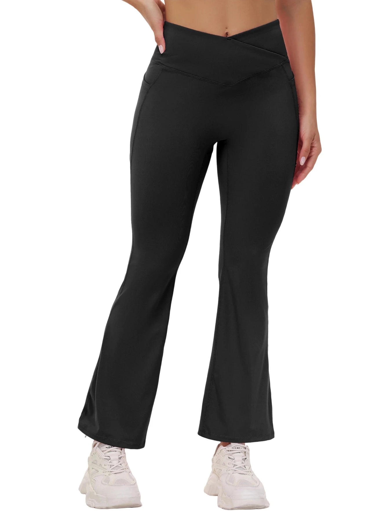 Ladies Hip Yoga Pants with Crossed Pockets in Summer V-Shaped Fitness Bell-Bottoms Exercise Pants Elegant Wide-Leg Fashion Casua