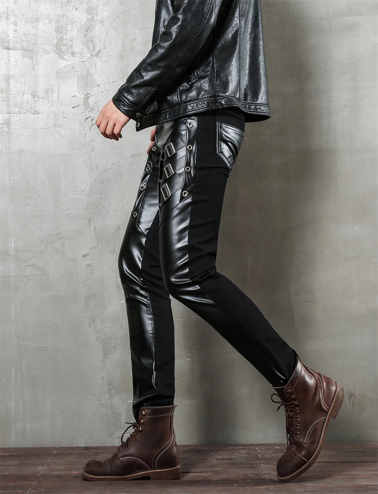 Men`s Motorcycle  Hip Hop Slim Fit Soft PU Faux Night Club Dance party Leather Biker Pants