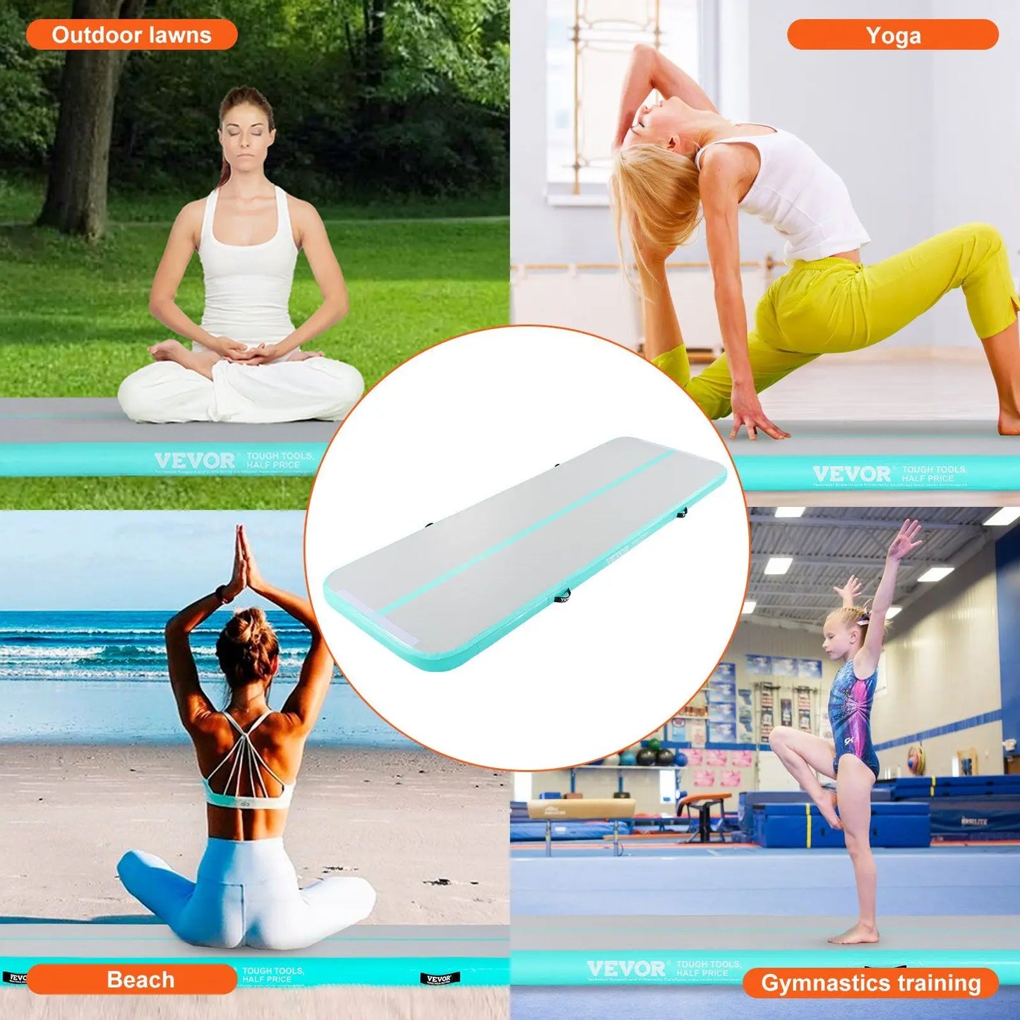 "13ft Inflatable Gymnastics Mat – 4" Thick, Includes Electric Pump for Gym/Yoga (Mint Green)."