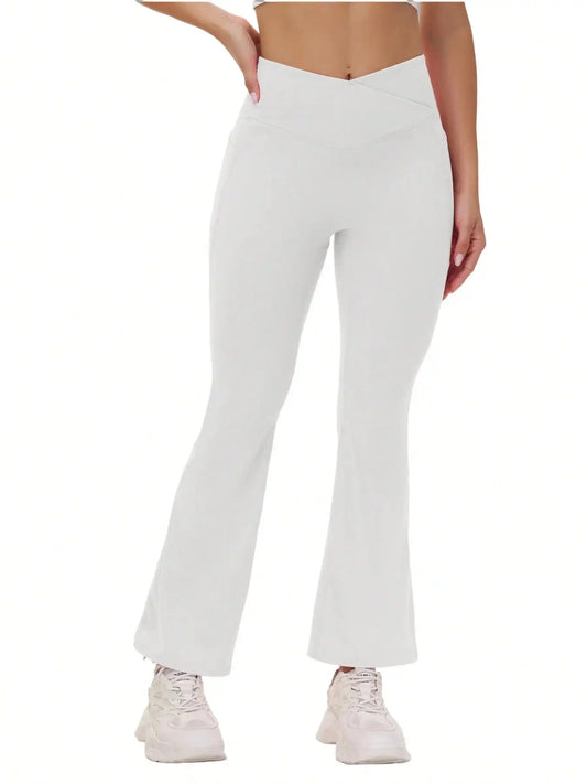 Ladies Hip Yoga Pants with Crossed Pockets in Summer V-Shaped Fitness Bell-Bottoms Exercise Pants Elegant Wide-Leg Fashion Casua