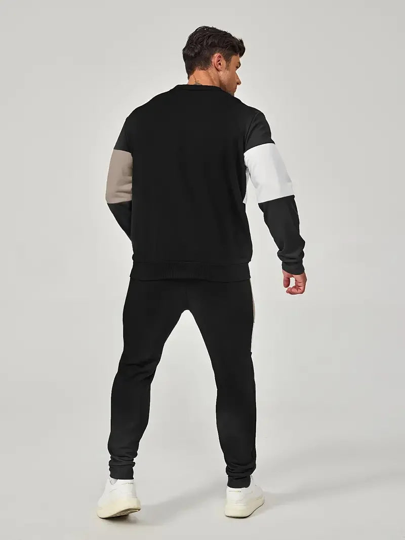 Men's color blocked 2-piece set, casual round neck long sleeved sweatshirt and sweatpants jogging pants set for winter and autum