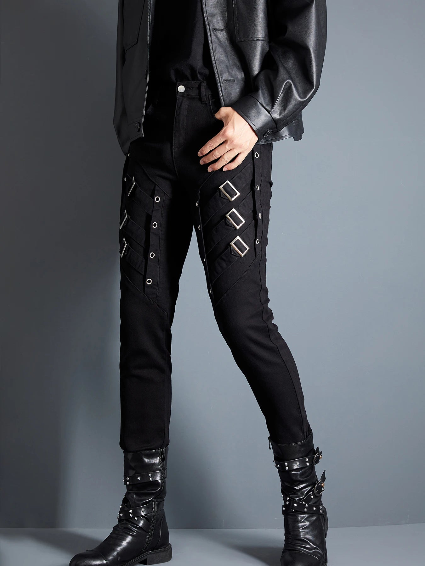 Men`s black Steam Punk  Gothic Night Club Party Dance Party  Buckles Motorcycle Pants Biker Jeans