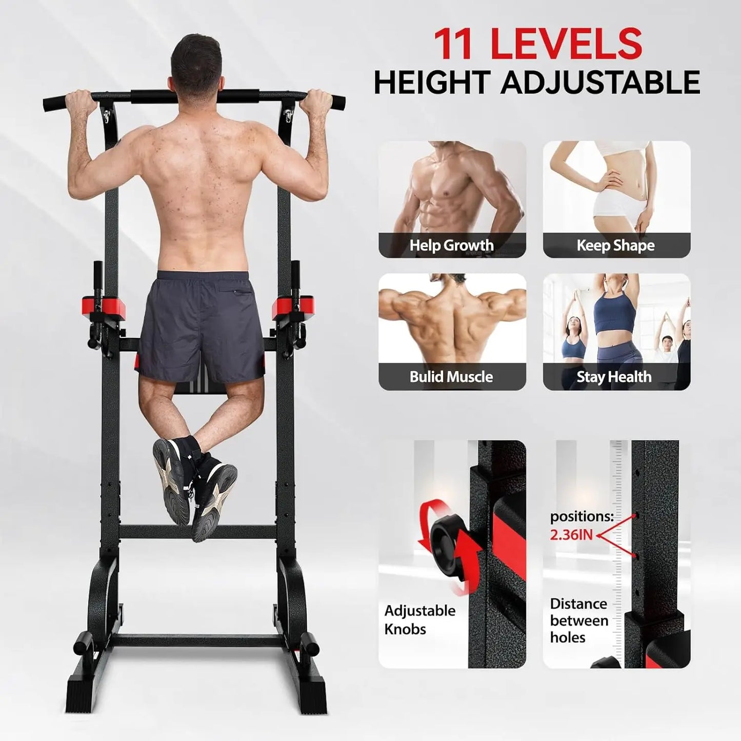Pooboo Power Tower Dip Station Pull Up Bar for Fitness Home Gym Workout,Multi-Function Adjustable Height Fitness Strength