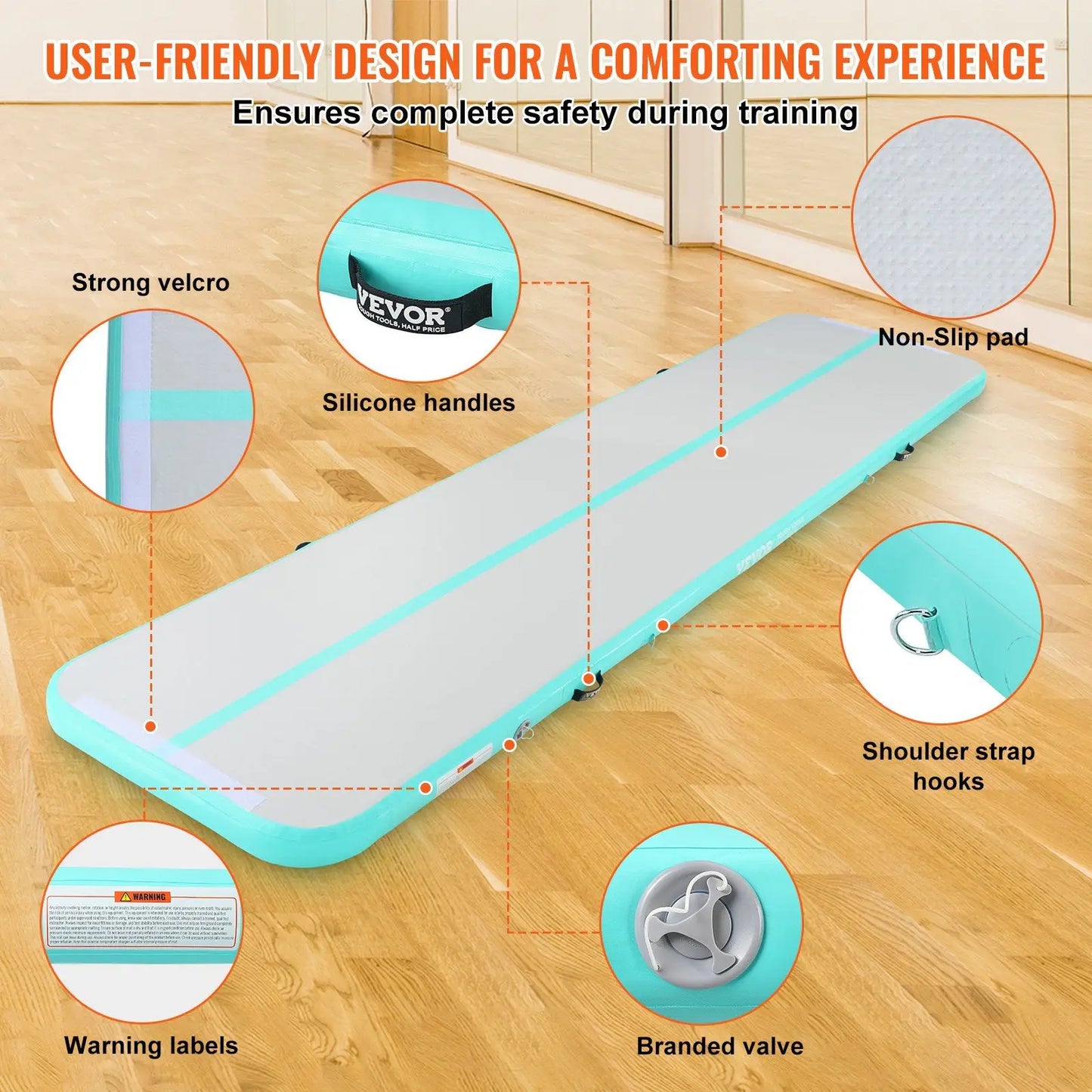 "13ft Inflatable Gymnastics Mat – 4" Thick, Includes Electric Pump for Gym/Yoga (Mint Green)."