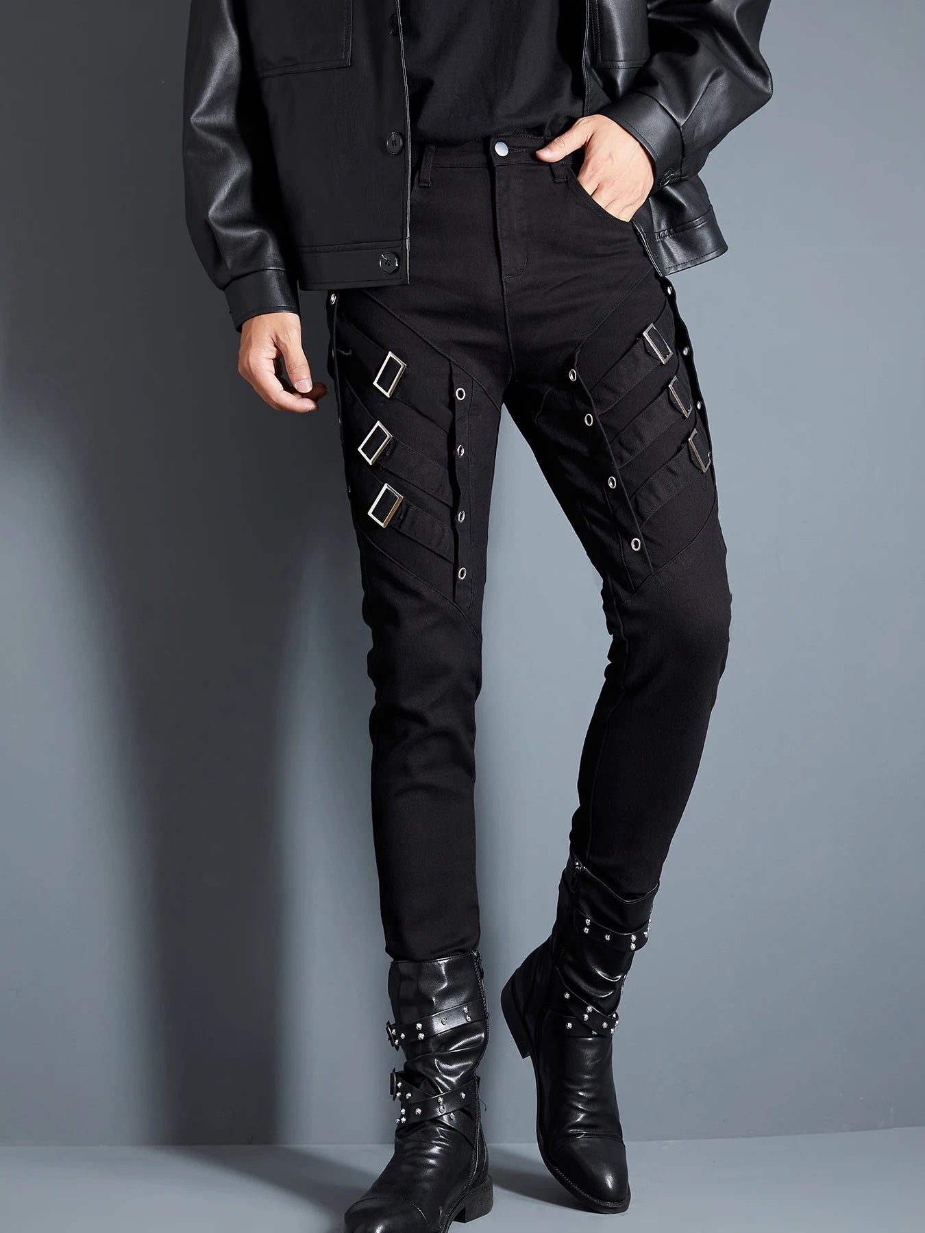 Men`s black Steam Punk  Gothic Night Club Party Dance Party  Buckles Motorcycle Pants Biker Jeans