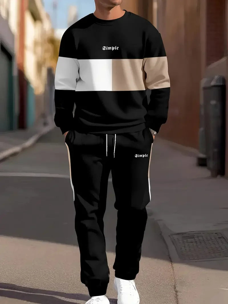 Men's color blocked 2-piece set, casual round neck long sleeved sweatshirt and sweatpants jogging pants set for winter and autum