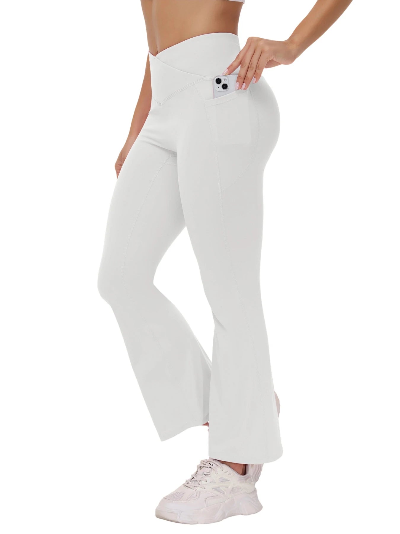 Ladies Hip Yoga Pants with Crossed Pockets in Summer V-Shaped Fitness Bell-Bottoms Exercise Pants Elegant Wide-Leg Fashion Casua