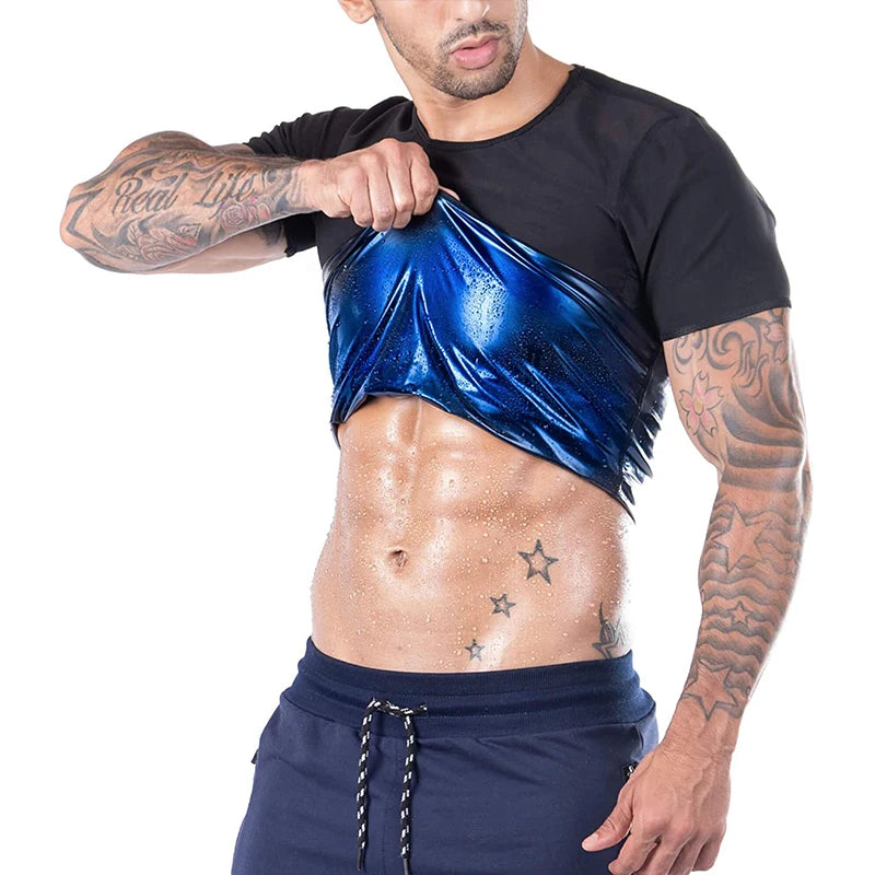 Pop Closets Sauna Shirt for Men Sweat Suit Short Sleeve Compression T-Shirt Weight Loss Body Shaper Shirts for Workout Sports
