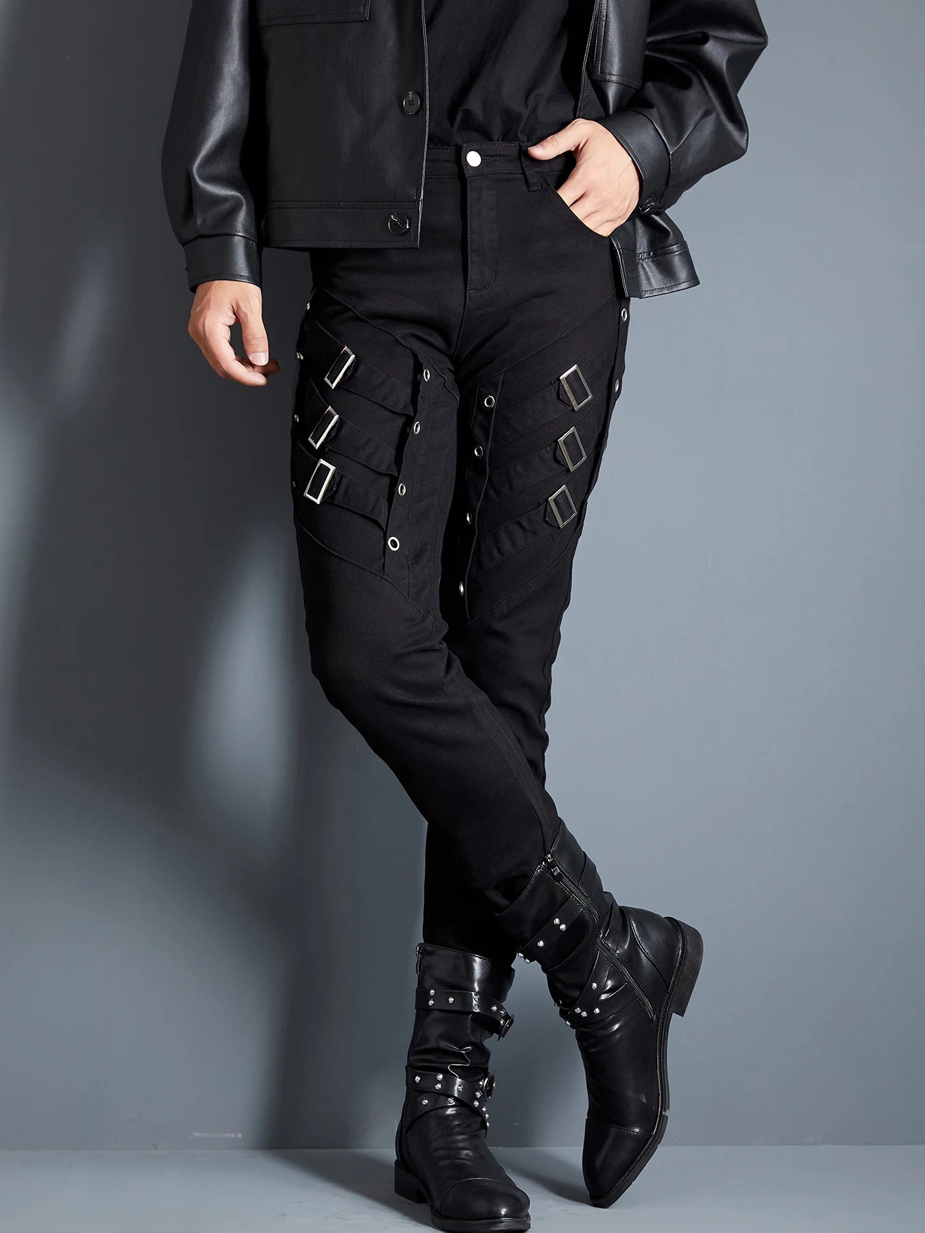 Men`s black Steam Punk  Gothic Night Club Party Dance Party  Buckles Motorcycle Pants Biker Jeans