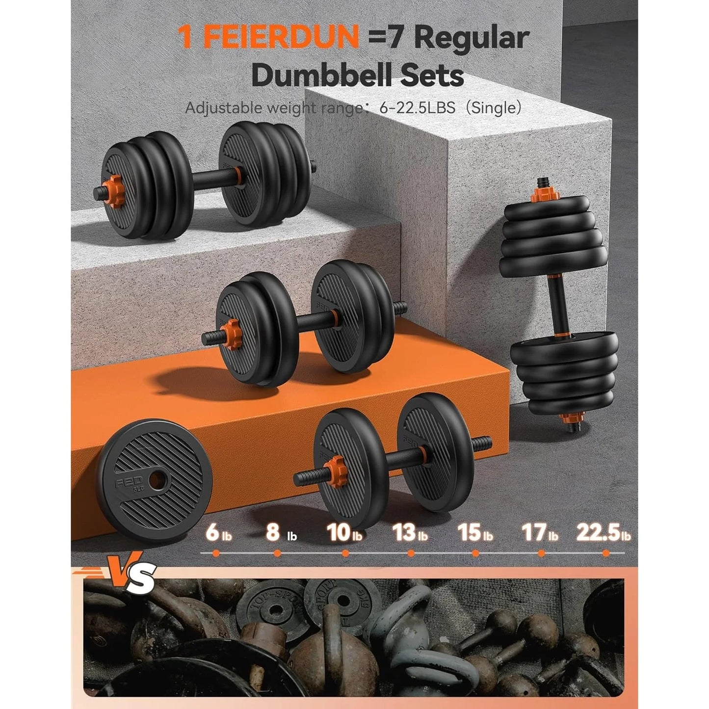 FEIERDUN Adjustable Dumbbells,45lbs Free Weight Set with Connector,5 in1 Dumbbells Set as Barbell,Kettlebell,Push up Stand