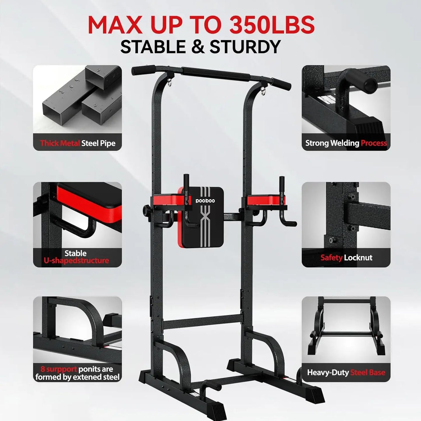 Pooboo Power Tower Dip Station Pull Up Bar for Fitness Home Gym Workout,Multi-Function Adjustable Height Fitness Strength