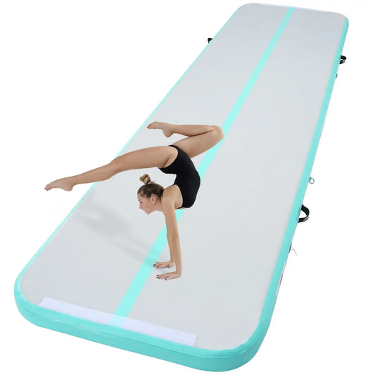 "13ft Inflatable Gymnastics Mat – 4" Thick, Includes Electric Pump for Gym/Yoga (Mint Green)."