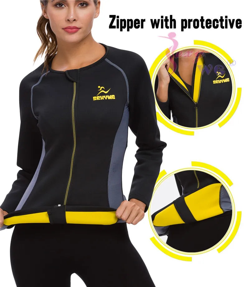 SEXYWG Slimming Body Shaper Fitness Women Neoprene Sauna Jacket Waist Trainer Shapewear Zipper Yoga Shirt Long Sleeve Blouse
