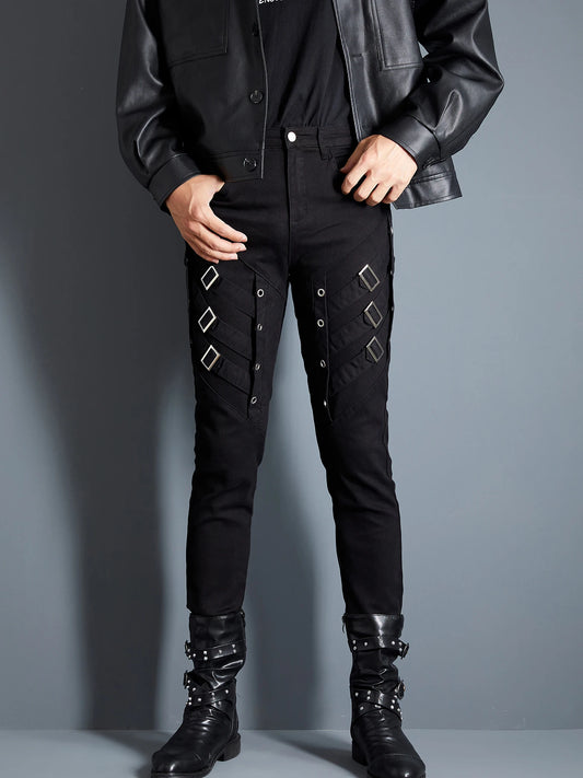 Men`s black Steam Punk  Gothic Night Club Party Dance Party  Buckles Motorcycle Pants Biker Jeans