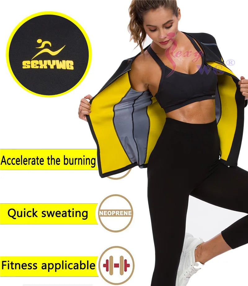 SEXYWG Slimming Body Shaper Fitness Women Neoprene Sauna Jacket Waist Trainer Shapewear Zipper Yoga Shirt Long Sleeve Blouse