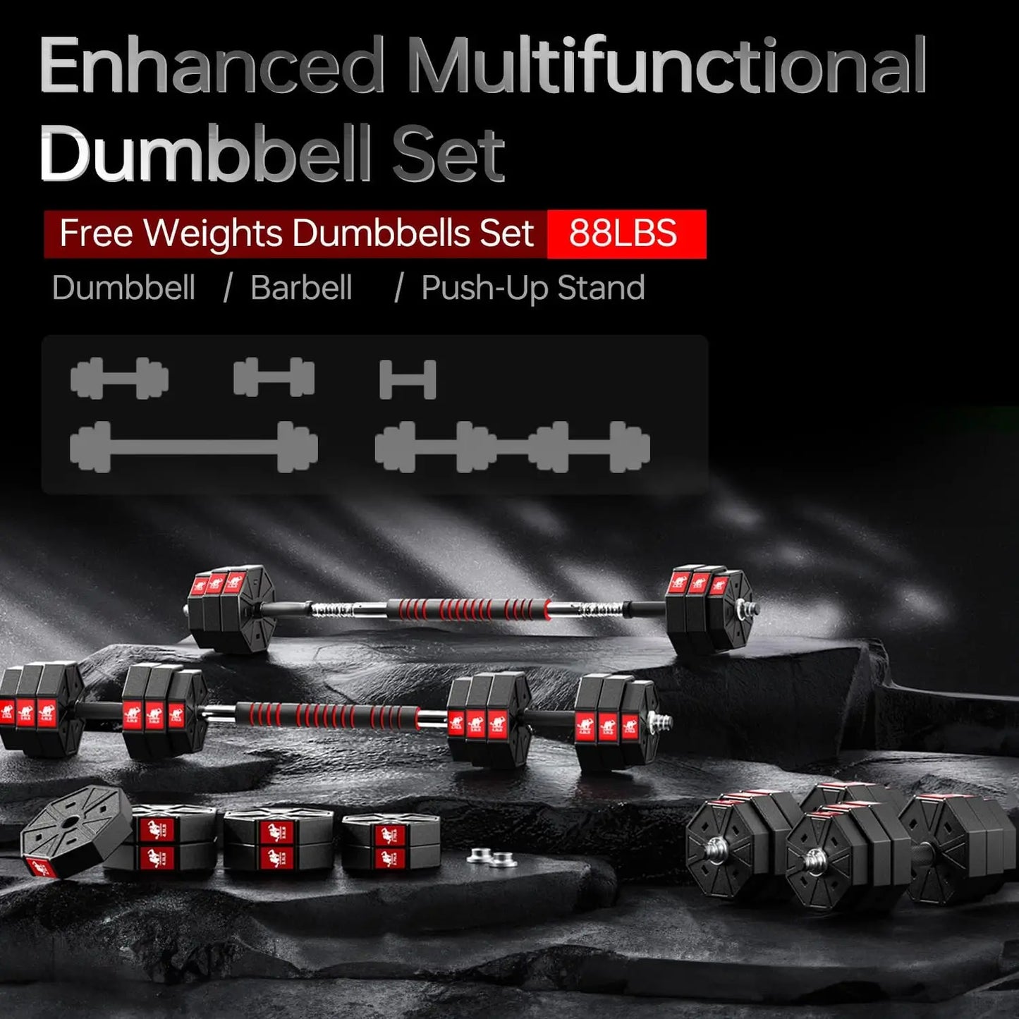 Adjustable Weights Dumbbells Set, 66Lbs 88Lbs 3 in 1 Adjustable Weights Dumbbells Barbell Set, Home Fitness Weight Set Gym