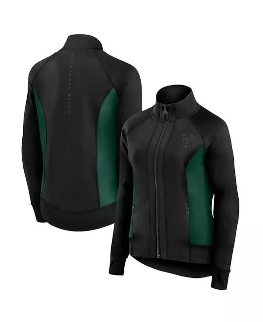 Fanatics | Women's Black Milwaukee Bucks Studio Fitted Full-Zip Gym Track Jacket